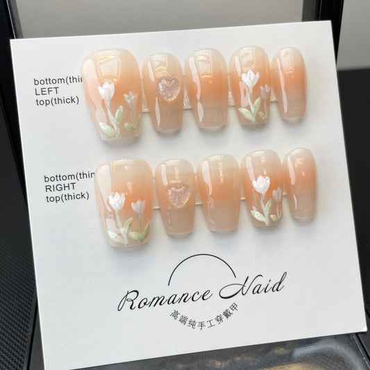 681/710 Bloemenstijl pers op nagels 100% handgemaakte kunstnagels nude kleur