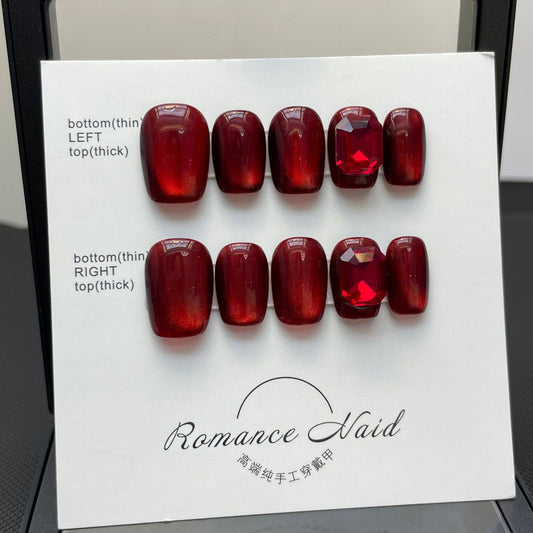 588 Red Cateye Effect presse sur les ongles 100% faux ongles faits à la main rouge