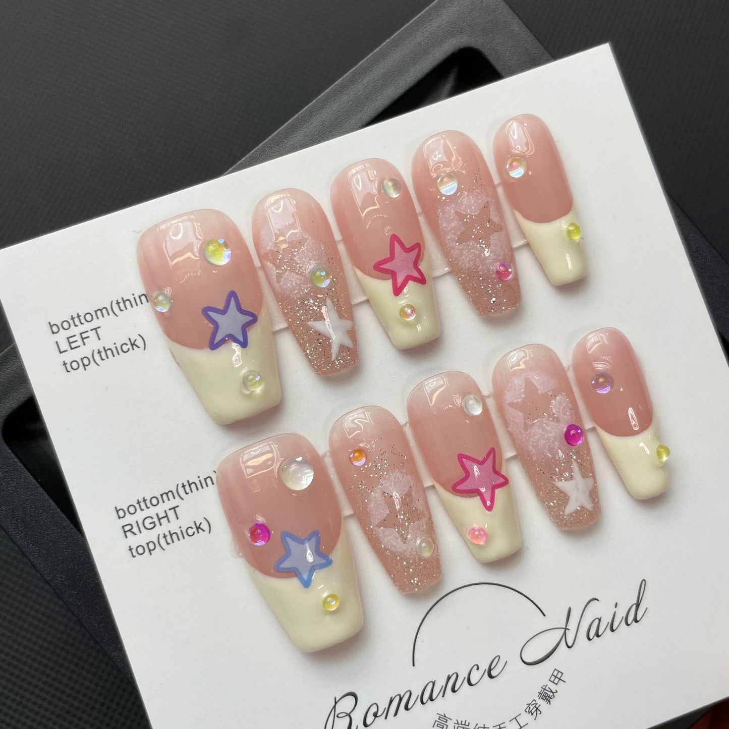 617/620/625 Cute French Stars presse sur les ongles 100% faux ongles faits à la main rose