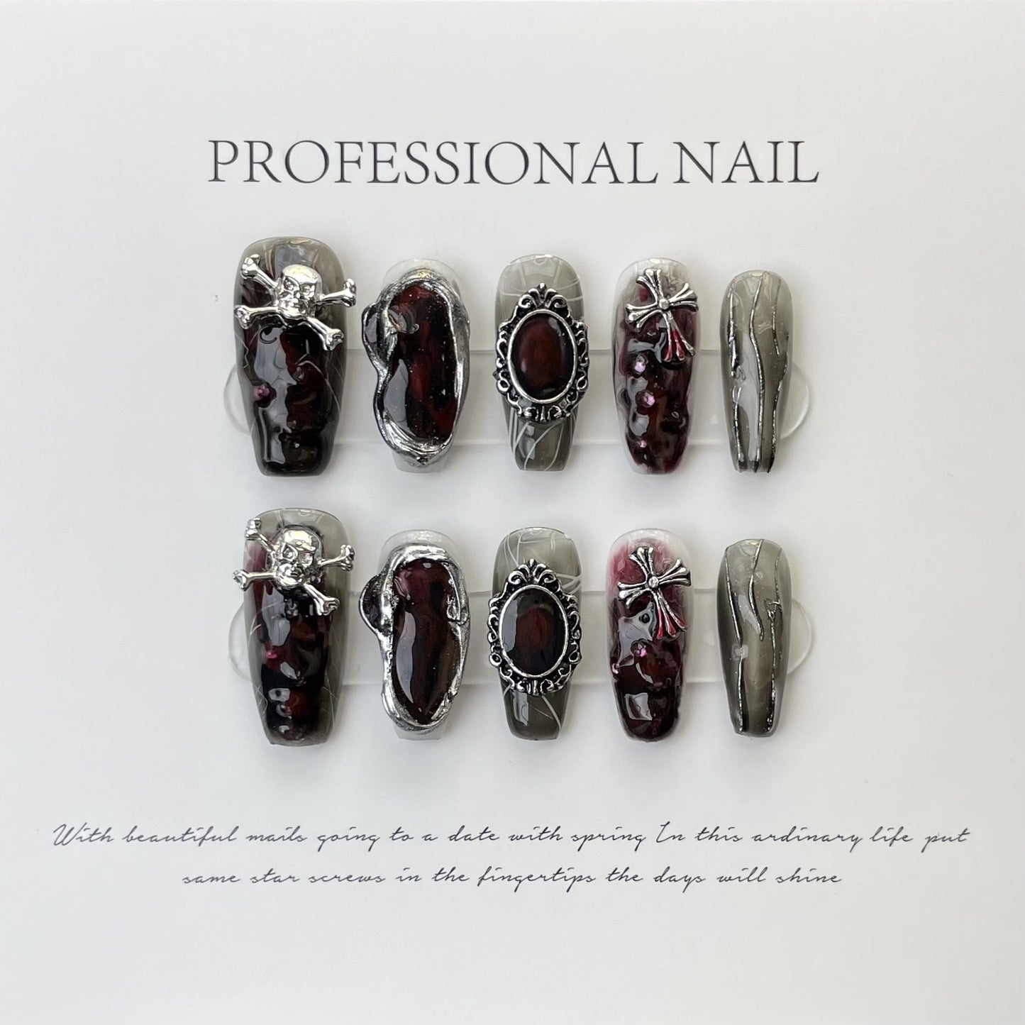 575 Skull style press on nagels 100% handgemaakte kunstnagels zwart rood