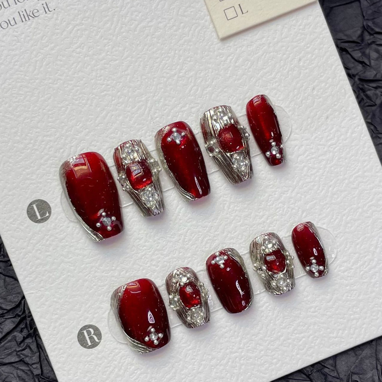 1241/1246 Red BUCCELLATI style press on nails 100% handmade false nails red sliver