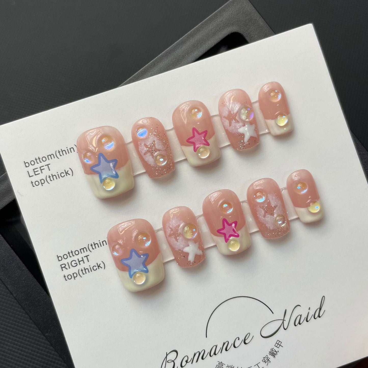 617/620/625 Cute French Stars presse sur les ongles 100% faux ongles faits à la main rose