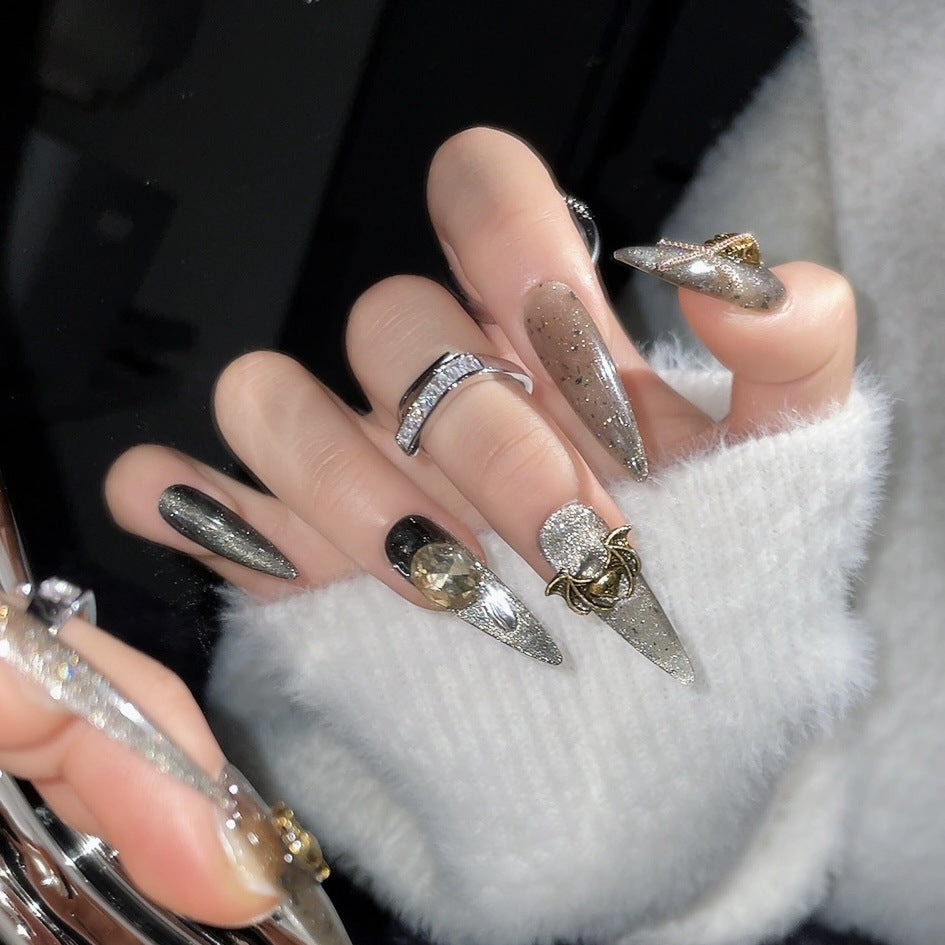 1275 Chain Cat Eye style press on nails 100% handmade false nails golden sliver black