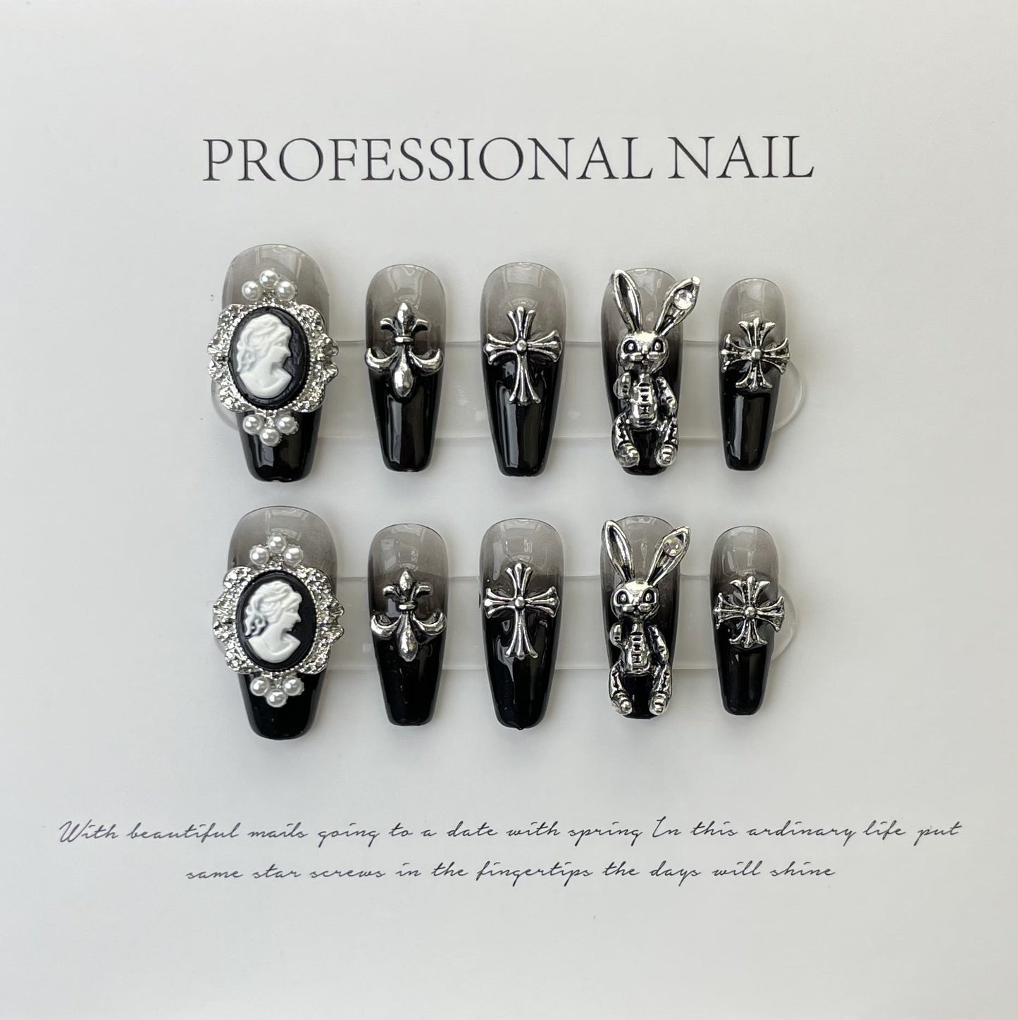 572 Black Rabbit-stijl press-on-nagels 100% handgemaakte kunstnagels zwart