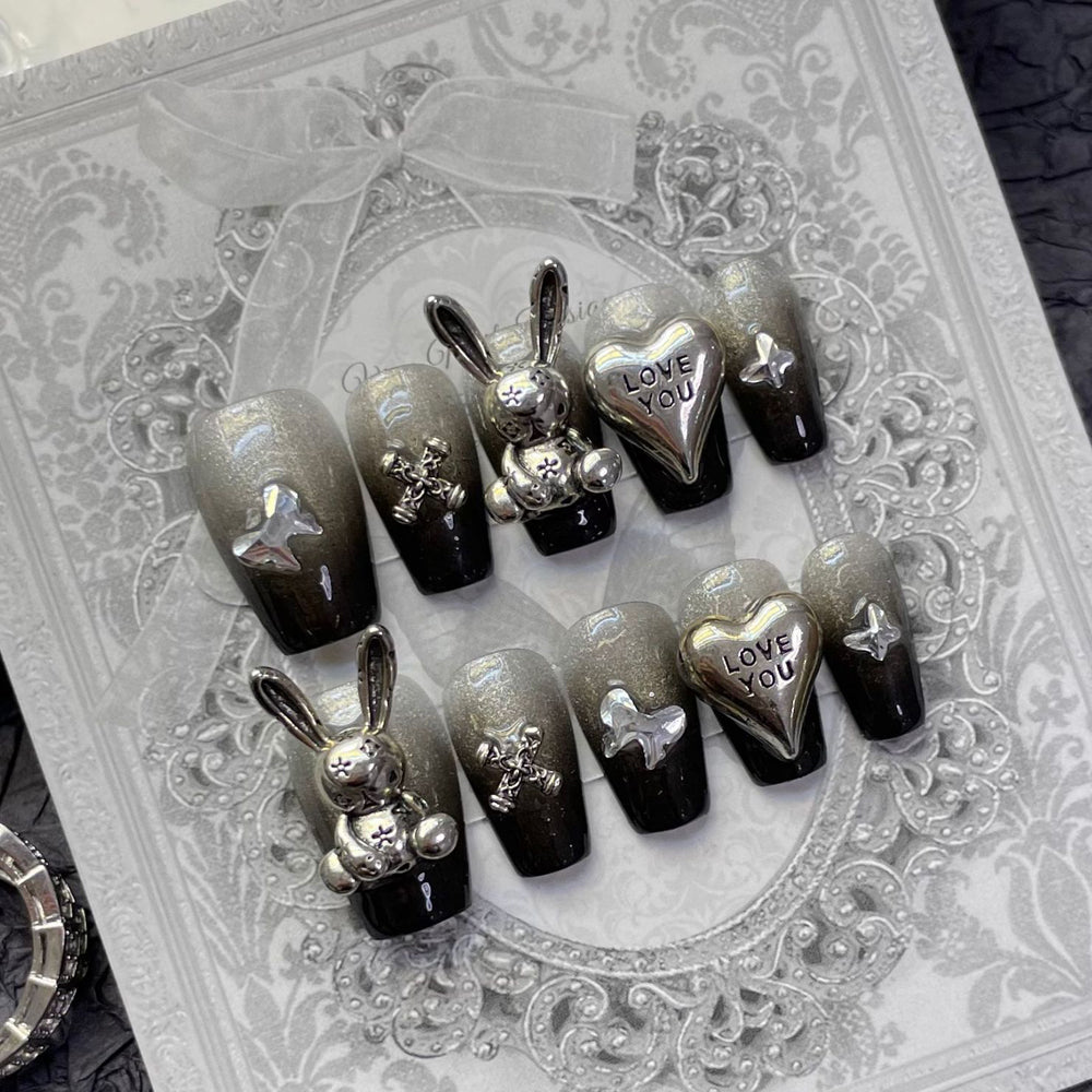 1262 Presse style lapin gothique sur les ongles 100% faux ongles faits à la main noir