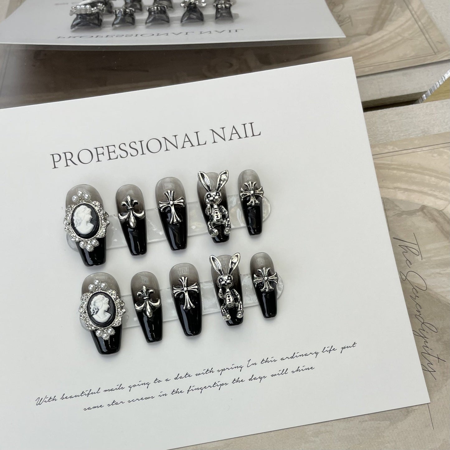 572 Black Rabbit style press on nails 100% handmade false nails black