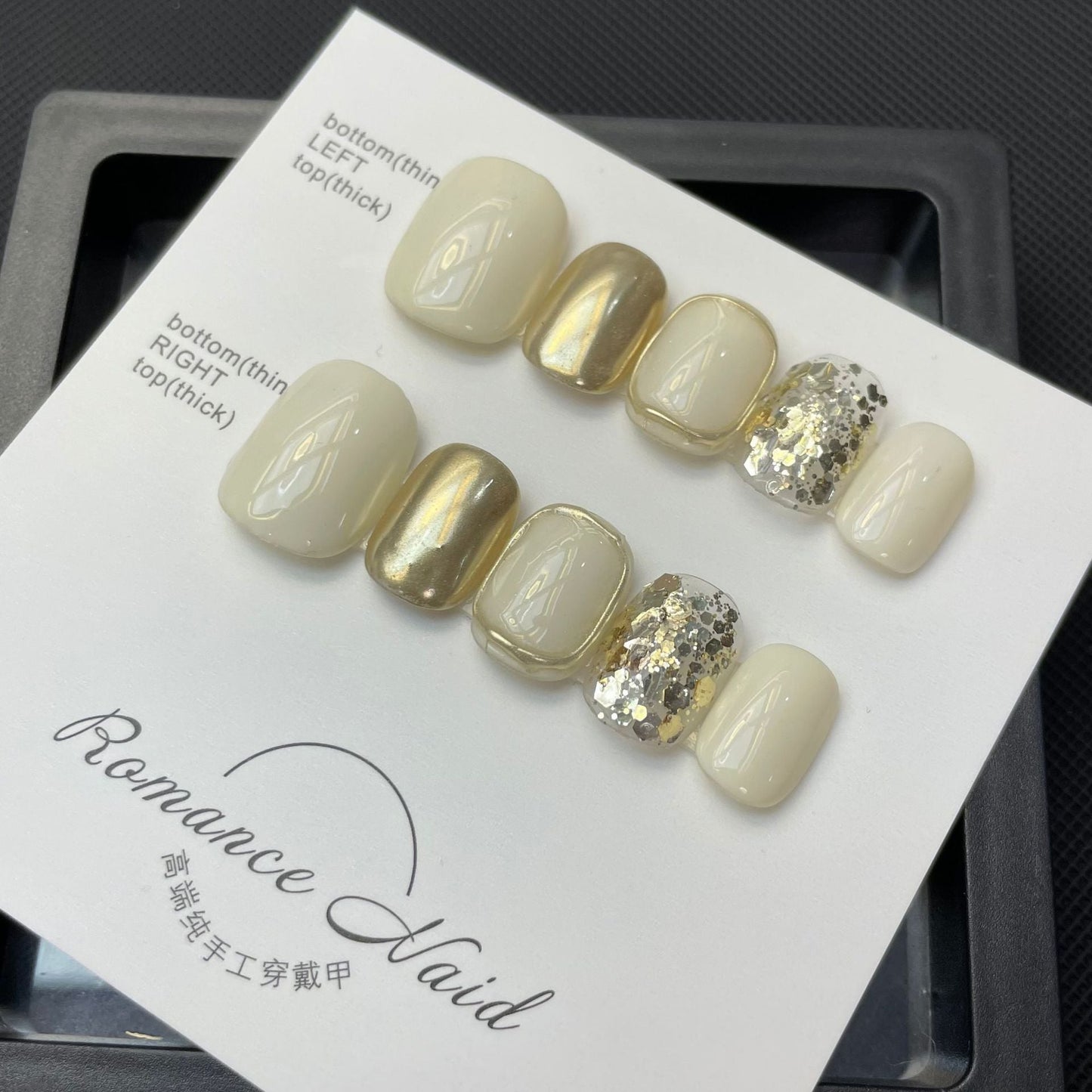 624 sequin press on nails 100% handmade false nails white golden sliver