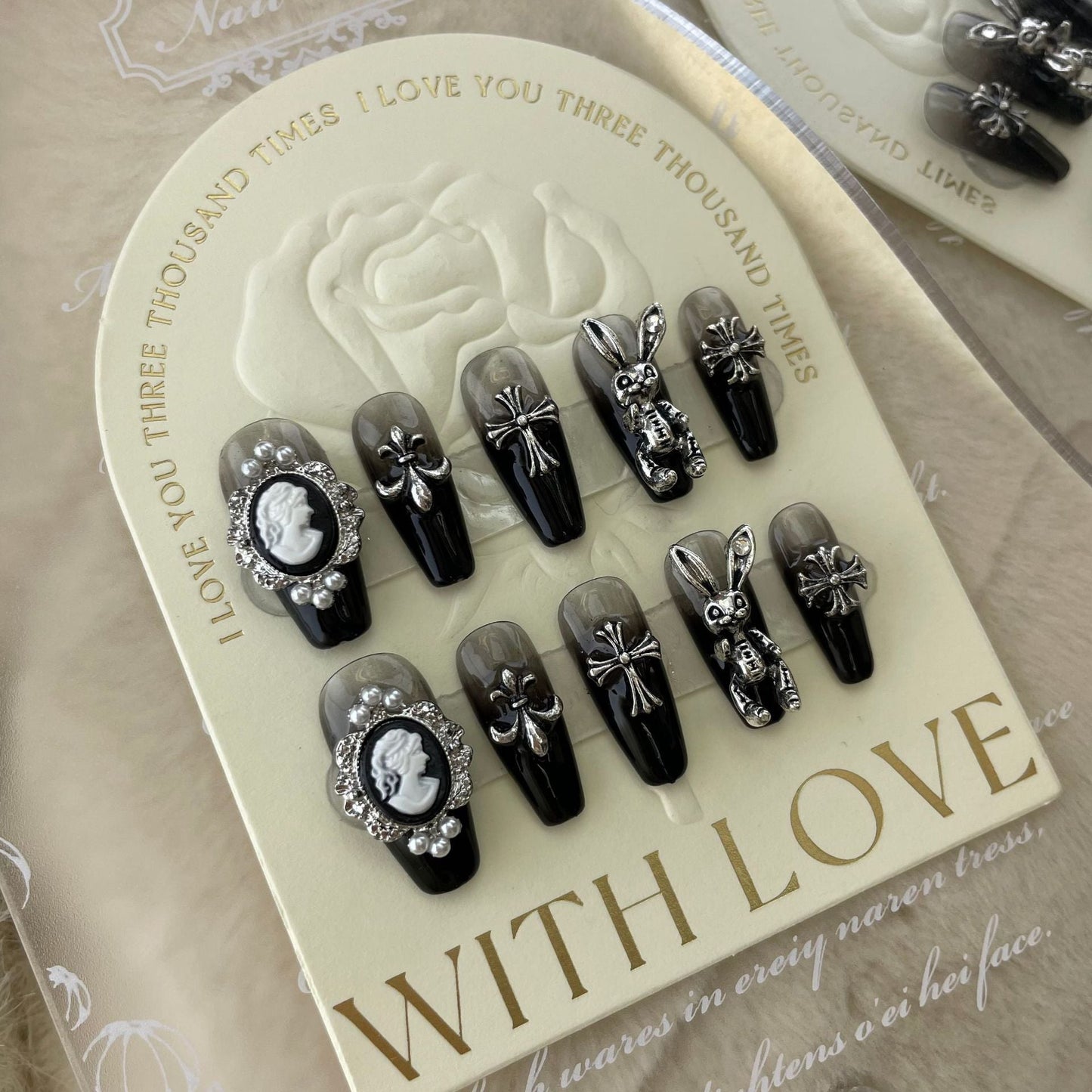 572 Black Rabbit style press on nails 100% handmade false nails black