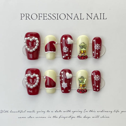 571 Kerststijl press-on-nagels 100% handgemaakte kunstnagels rood