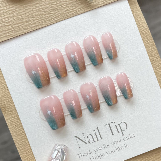 737 Bicolor Cat's Eye style press on nails 100% handmade false nails pink blue