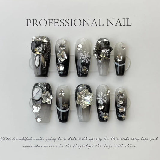 569 Snow Rhinestone style press on nails 100% handmade false nails black