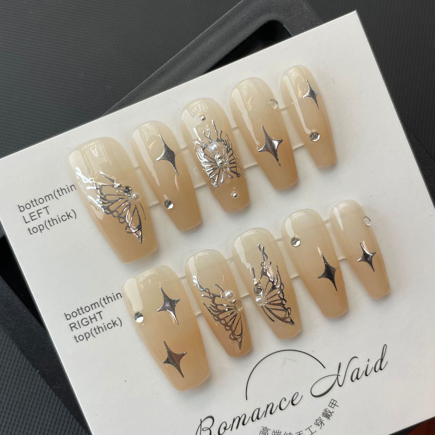 692 butterfly style press on nails 100% handmade false nails nude color