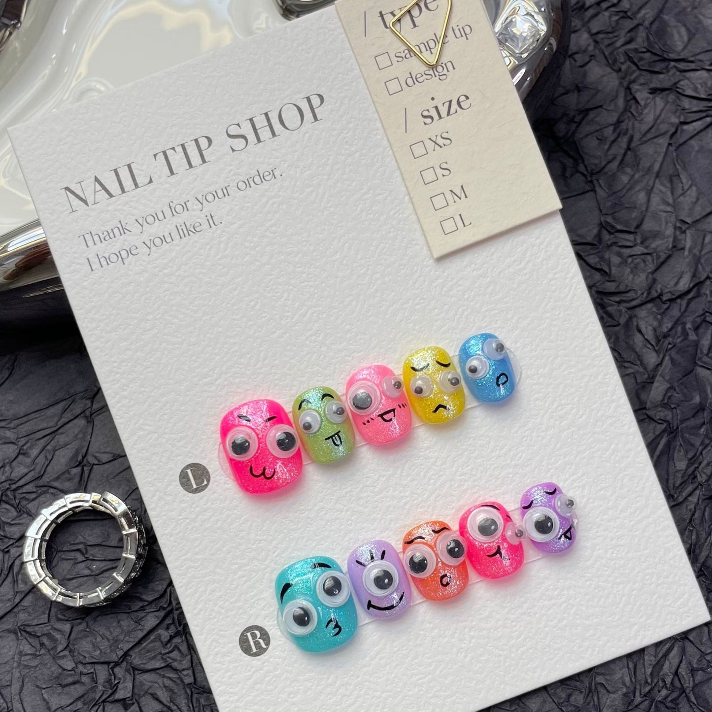 1244 Cute Eyes-stijl pers op nagels 100% handgemaakte kunstnagels gemengde kleur