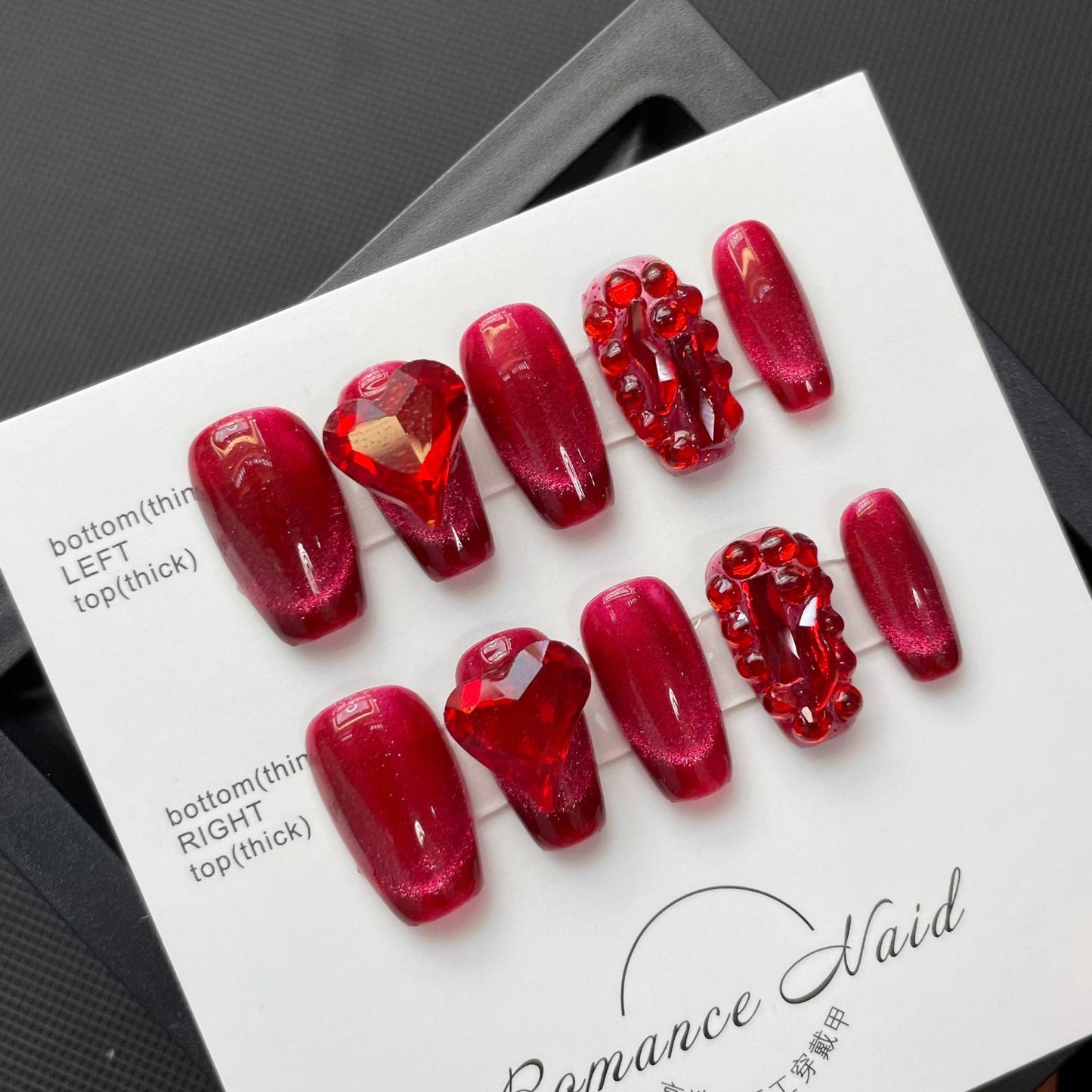 618/619 Rood Cateye Effect press-on-nagels 100% handgemaakte kunstnagels rood