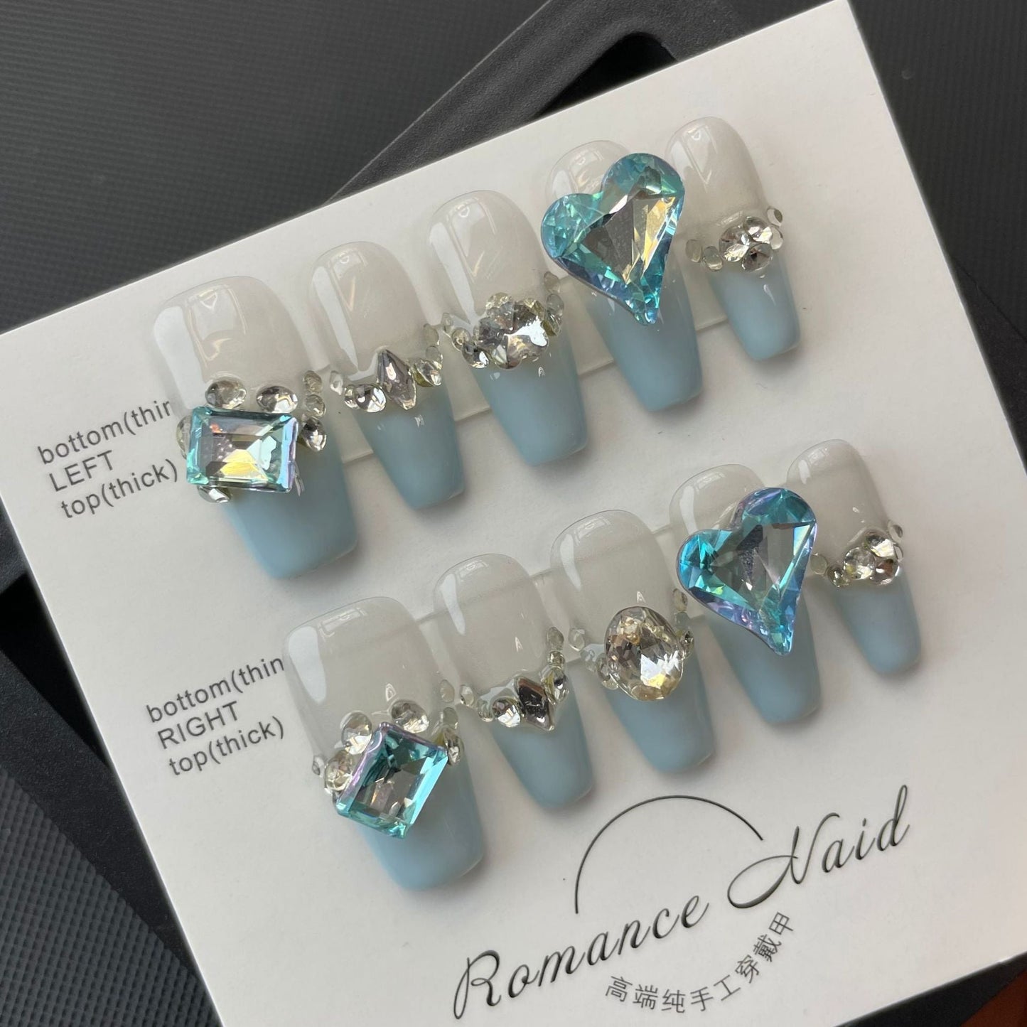 690 French Blue style press on nails 100% handmade false nails white blue