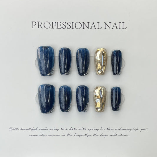 616 London Blue Cateye Effect press on nails 100% handmade false nails blue