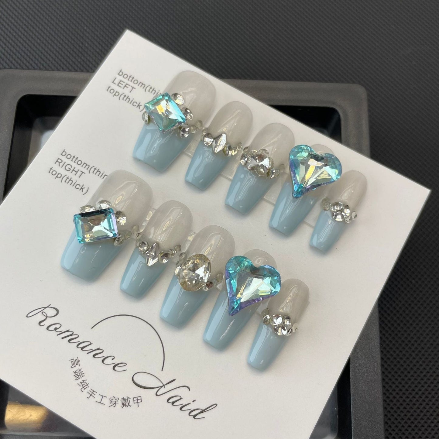 690 French Blue style press on nails 100% handmade false nails white blue
