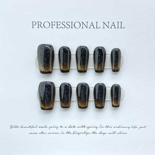 708 Cateye Effect style press on nagels 100% handgemaakte kunstnagels wit goud