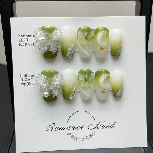 183/587 Fresh Butterfly presse sur ongles 100% fait main faux ongles vert blanc