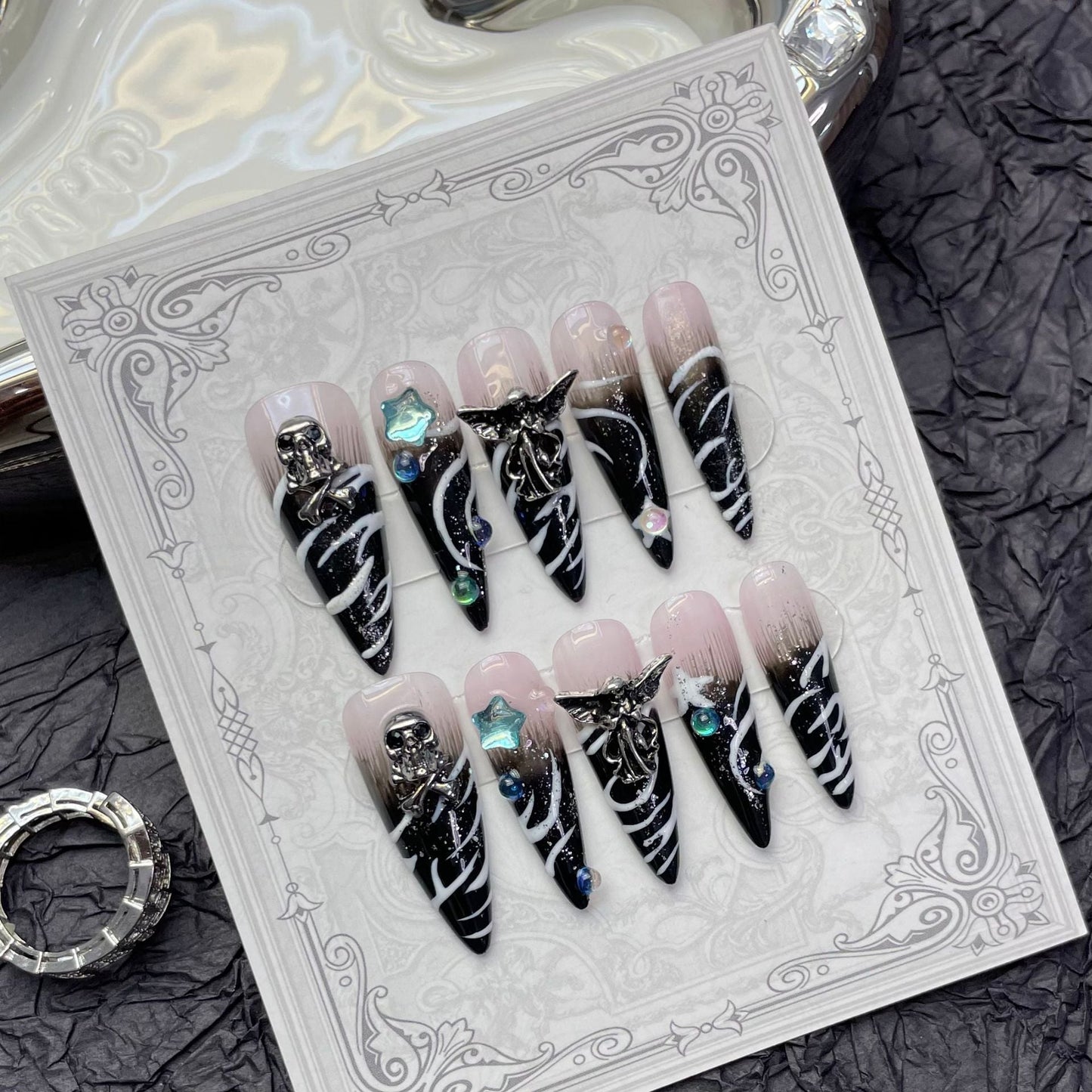 1251 Angels and demons style press on nails 100% handmade false nails black