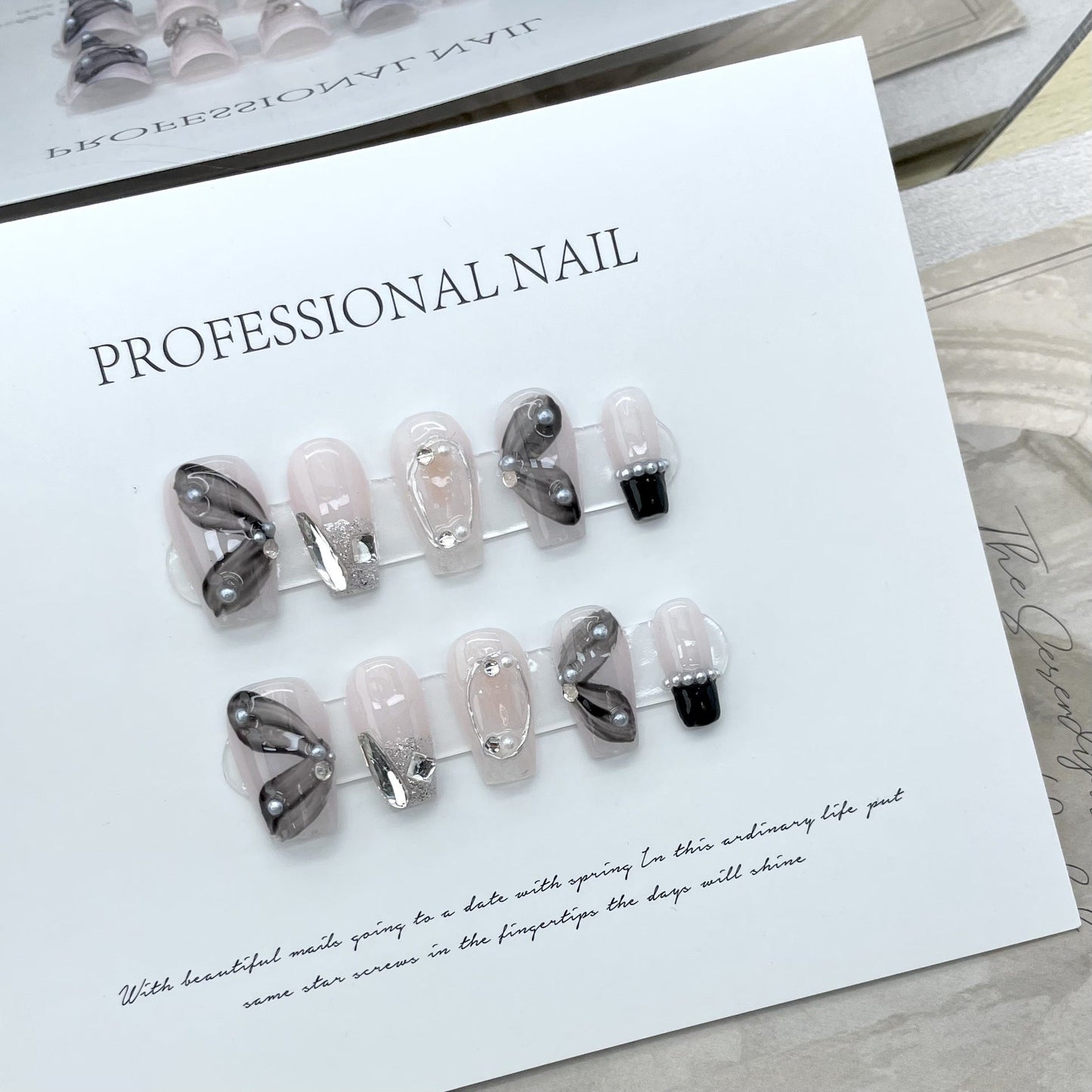 688 black ribbon style press on nails 100% handmade false nails nude color