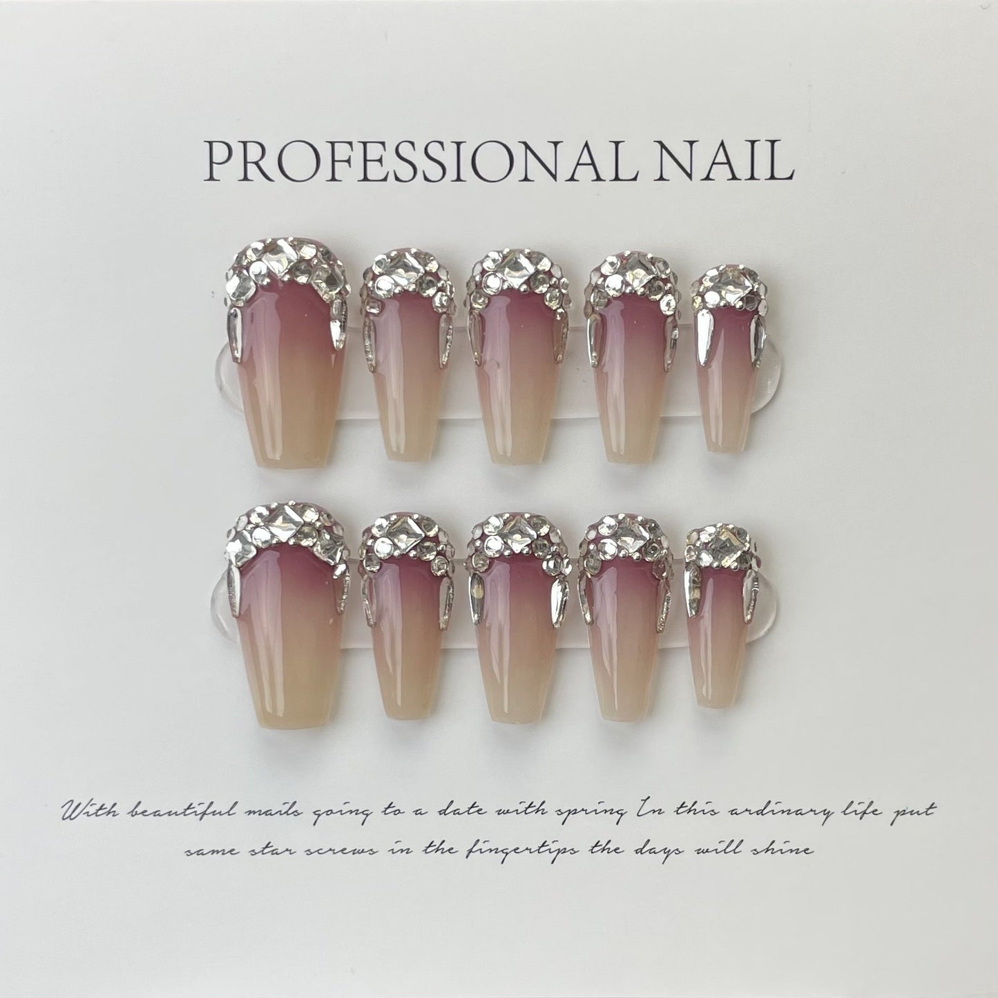 562 Rhinestone style press on nails 100% handmade false nails pink nude color