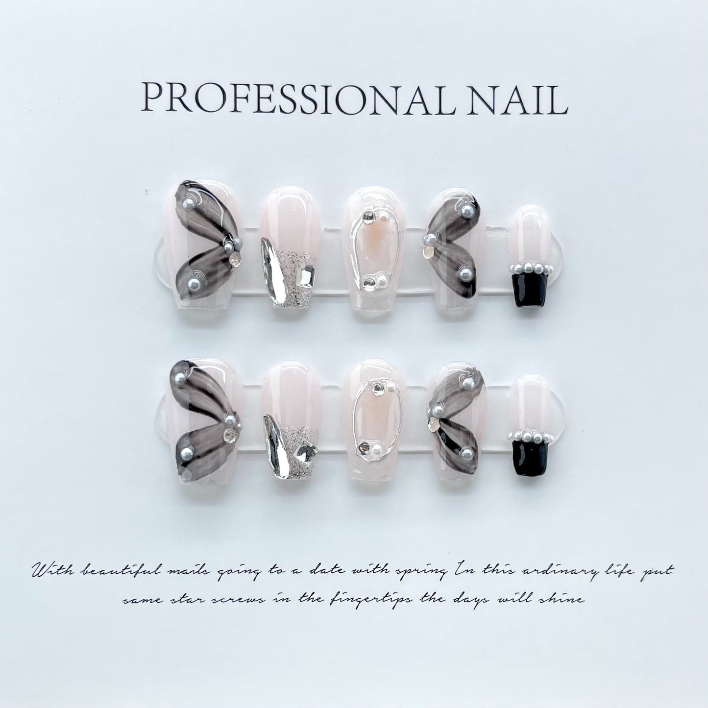 688 black ribbon style press on nails 100% handmade false nails nude color