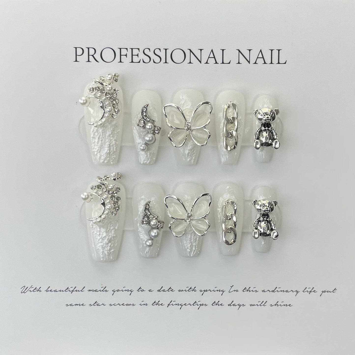 611/612 Argent Papillon presse sur ongles 100% faux ongles faits à la main ruban blanc