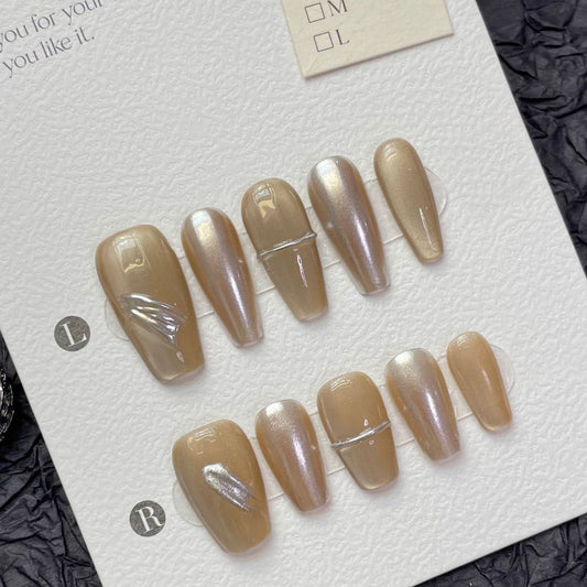 1252/1257 Spiegel Cat's Eye stijl pers op nagels 100% handgemaakte kunstnagels gouden naakt kleur