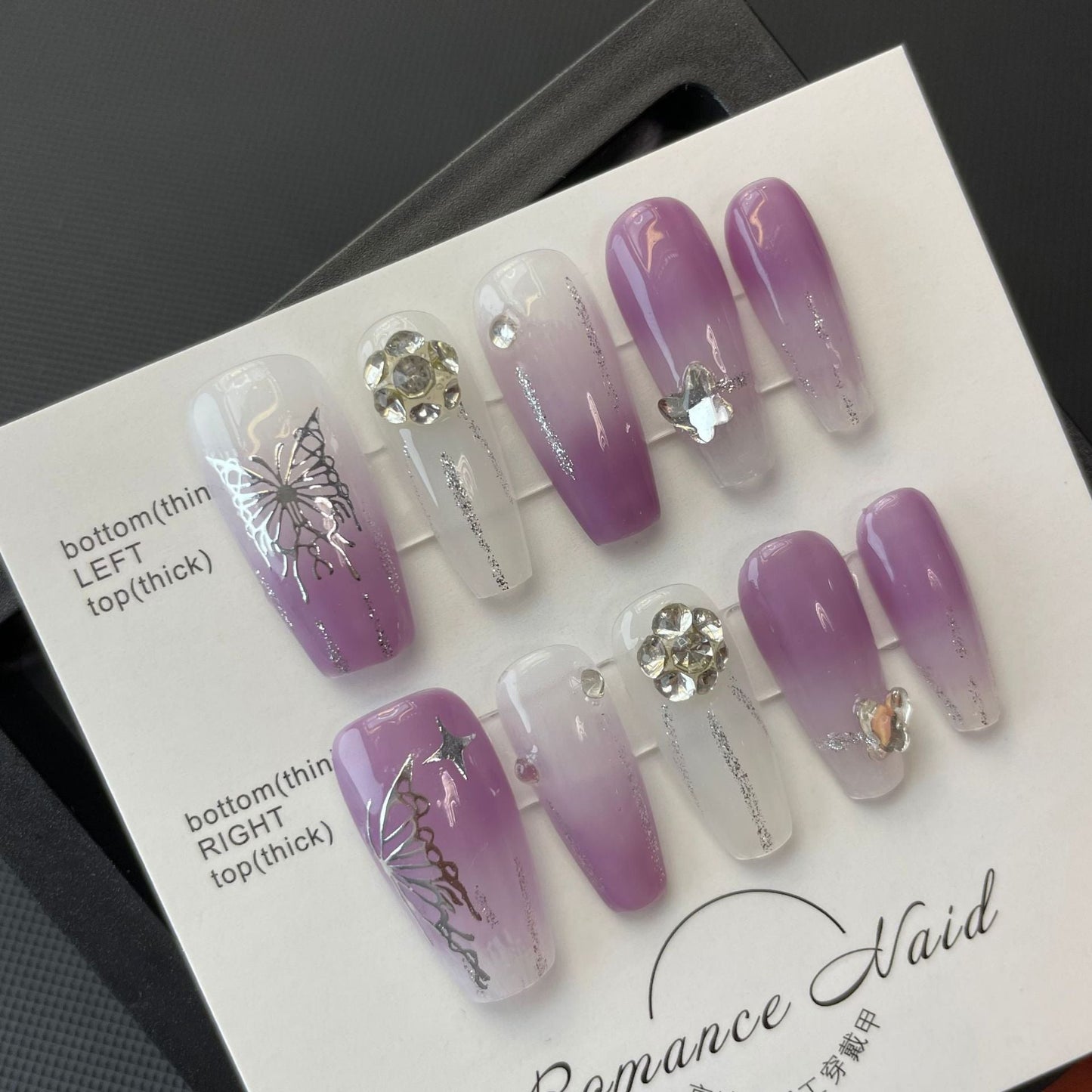 687 presse de style papillon sur les ongles 100% faux ongles faits à la main blanc violet