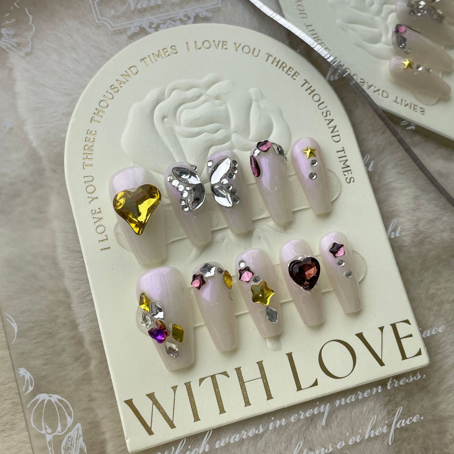 561 Butterfly Rhinestone style press on nails 100% handmade false nails pink