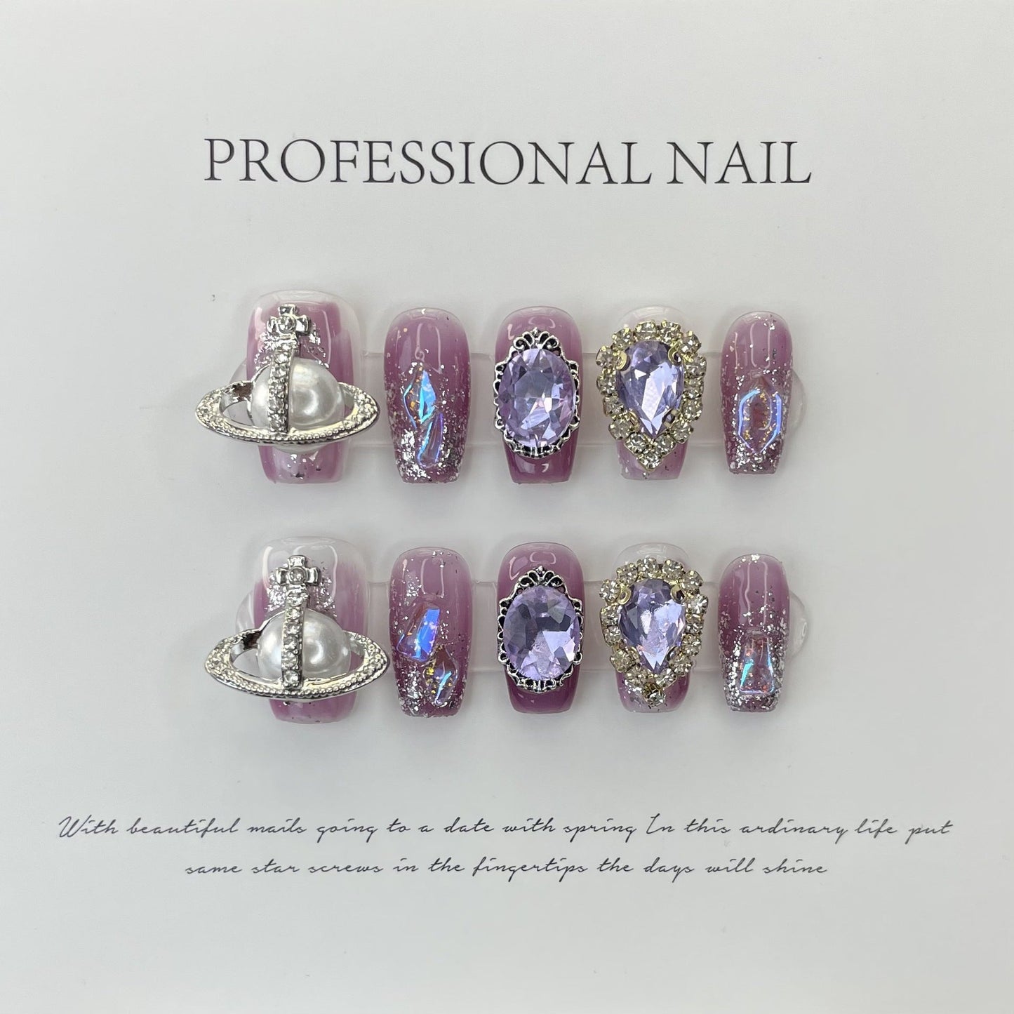 609/610 Rhinestone press on nails 100% handmade false nails purple