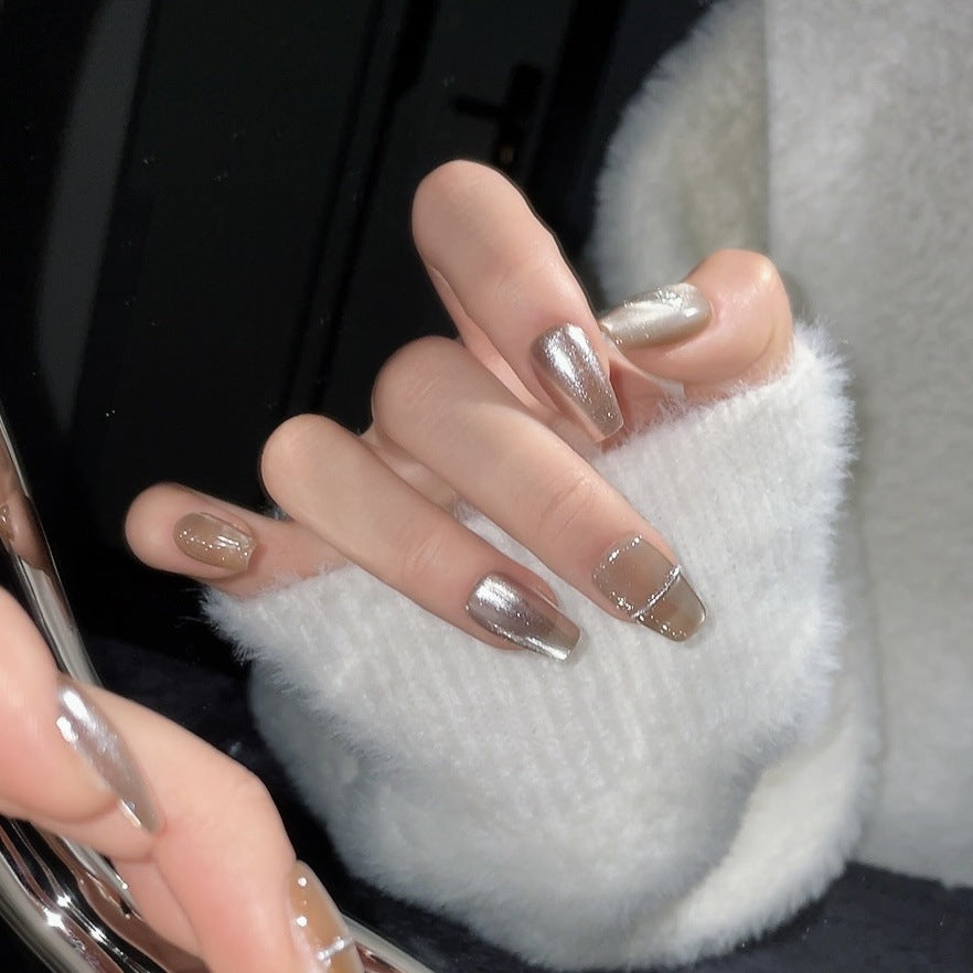 1252/1257 Mirror Cat's Eye style press on nails 100% handmade false nails golden nude color