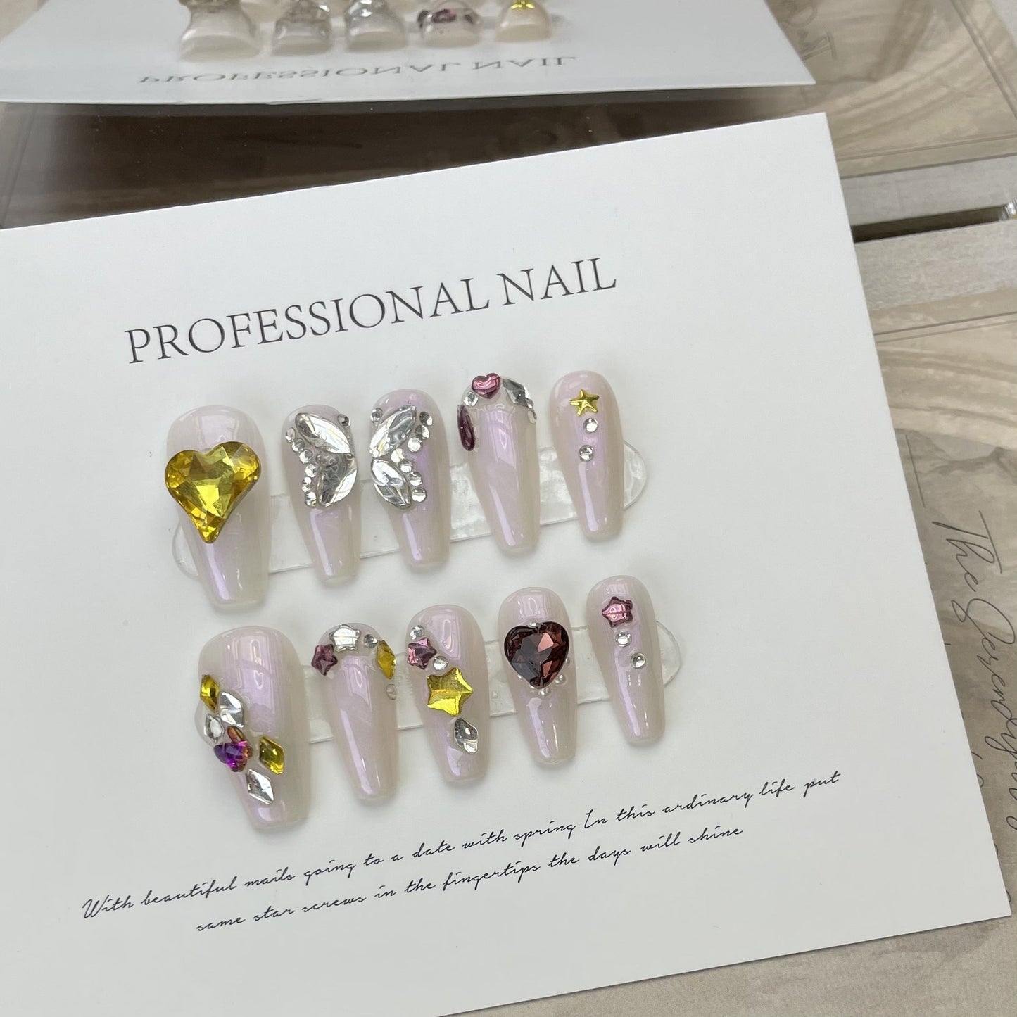 561 Butterfly Rhinestone style press on nails 100% handmade false nails pink