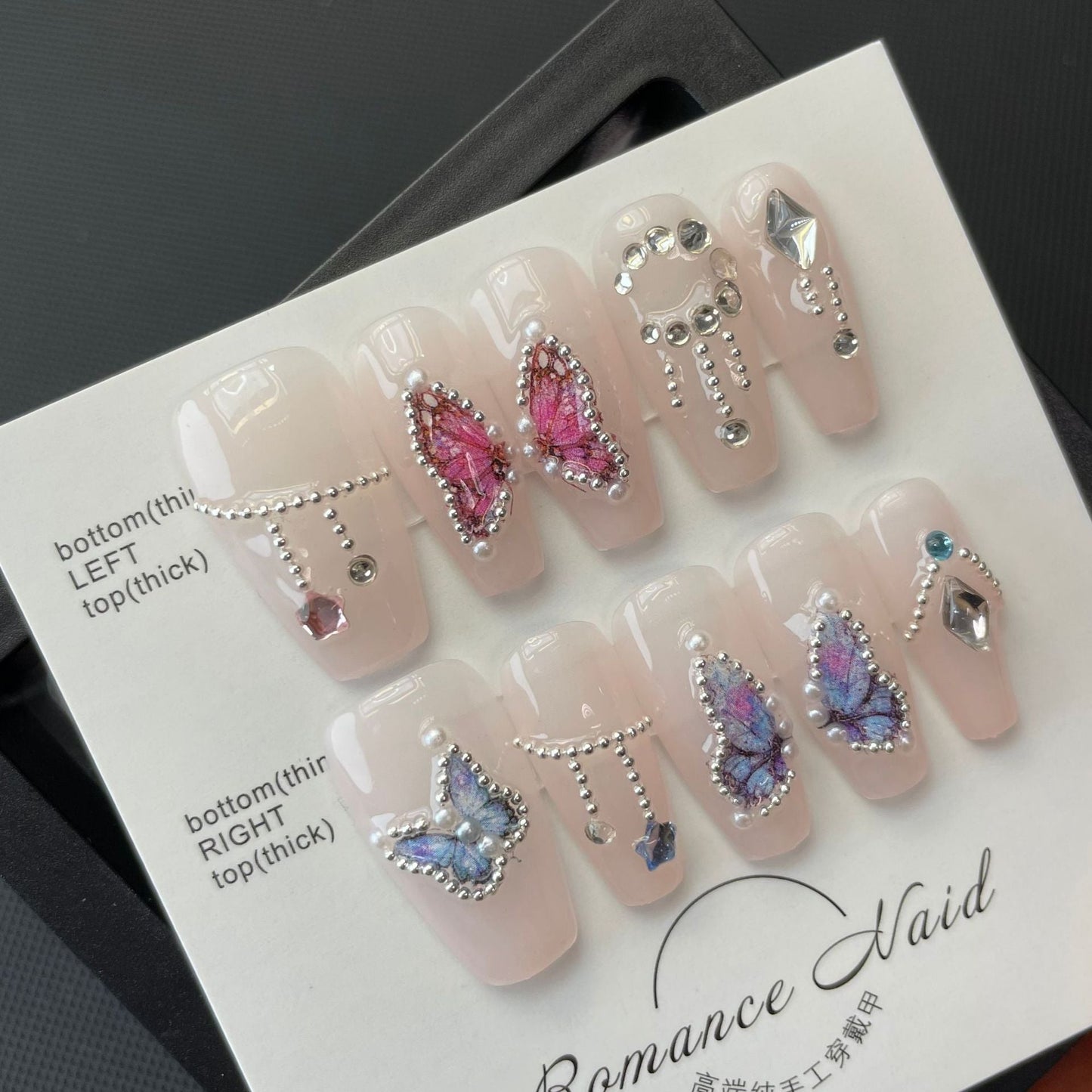 686 Presse de style fée papillon sur les ongles 100% faux ongles faits à la main couleur nue
