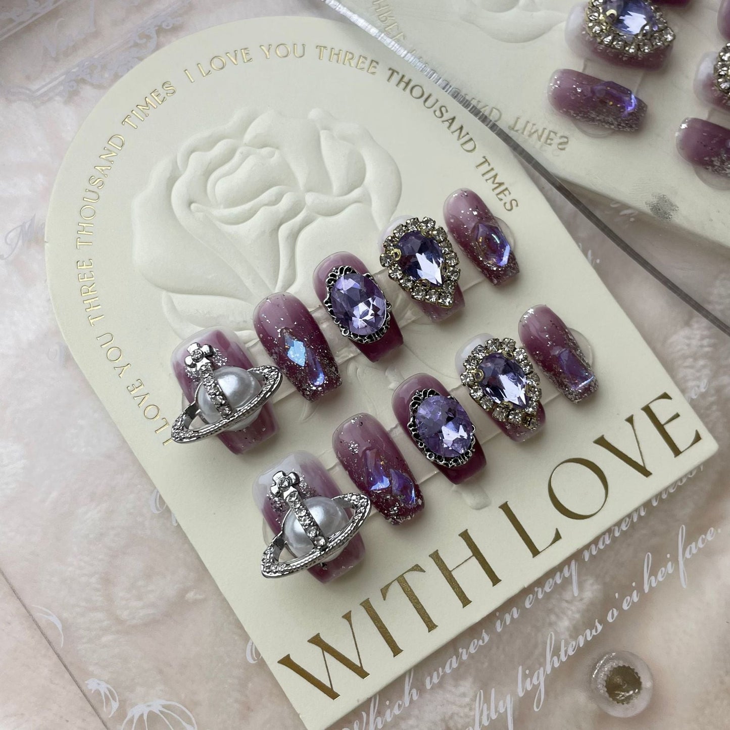 609/610 Rhinestone press on nails 100% handmade false nails purple