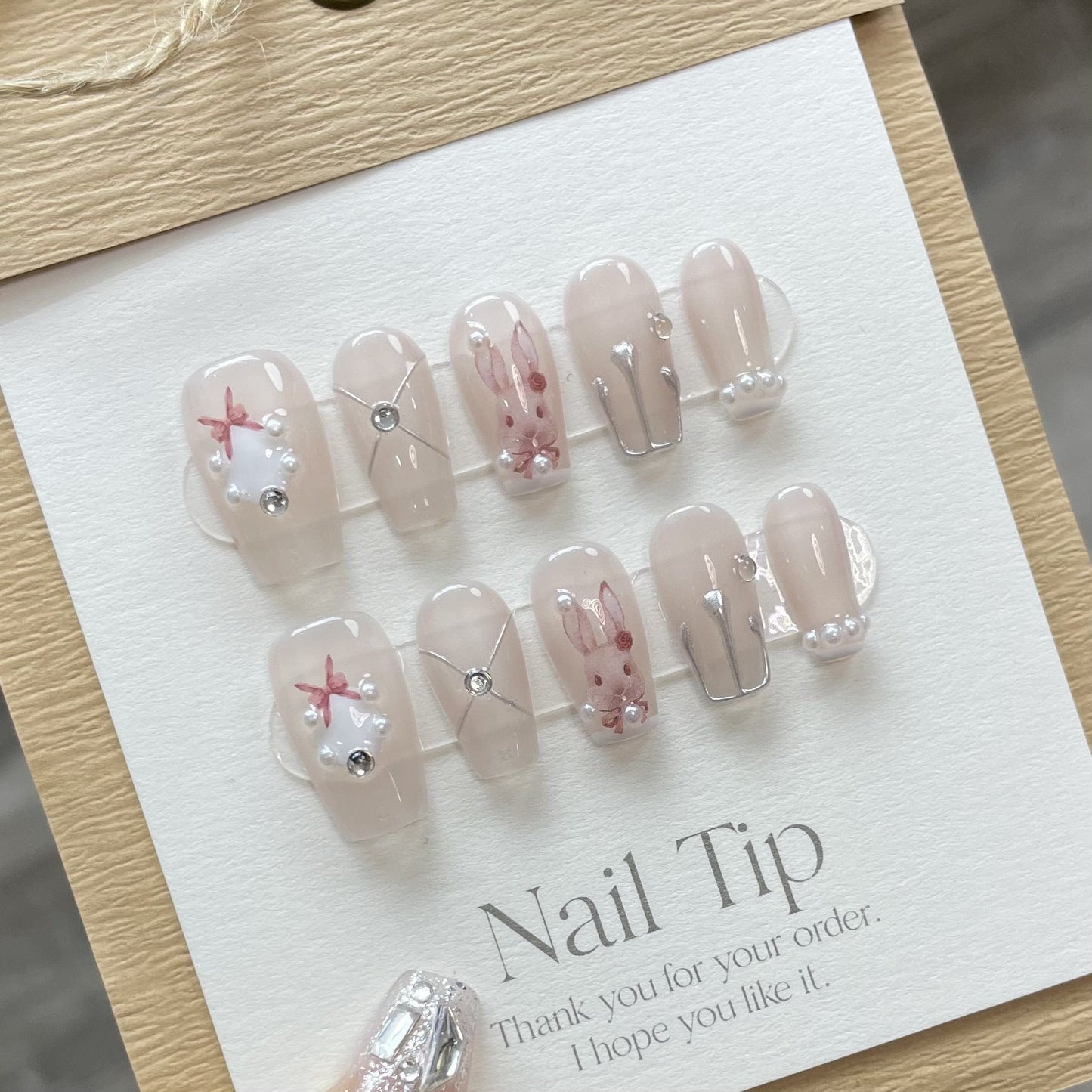 734 konijnenstijl press-on-nagels 100% handgemaakte kunstnagels nude kleur roze