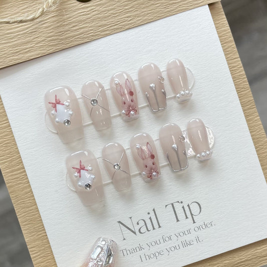 734 presse de style lapin sur les ongles 100% faux ongles faits à la main couleur nue rose