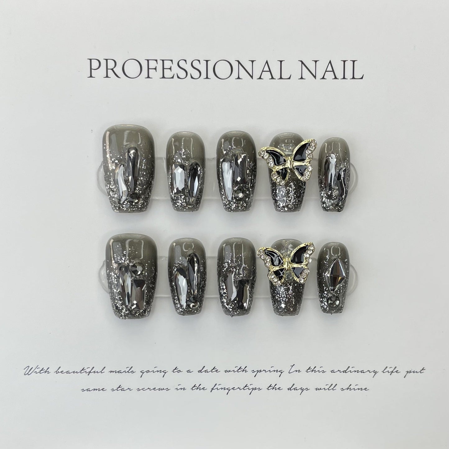 607/608 Butterfly Rhinestone press on nails 100% handmade false nails sliver gray