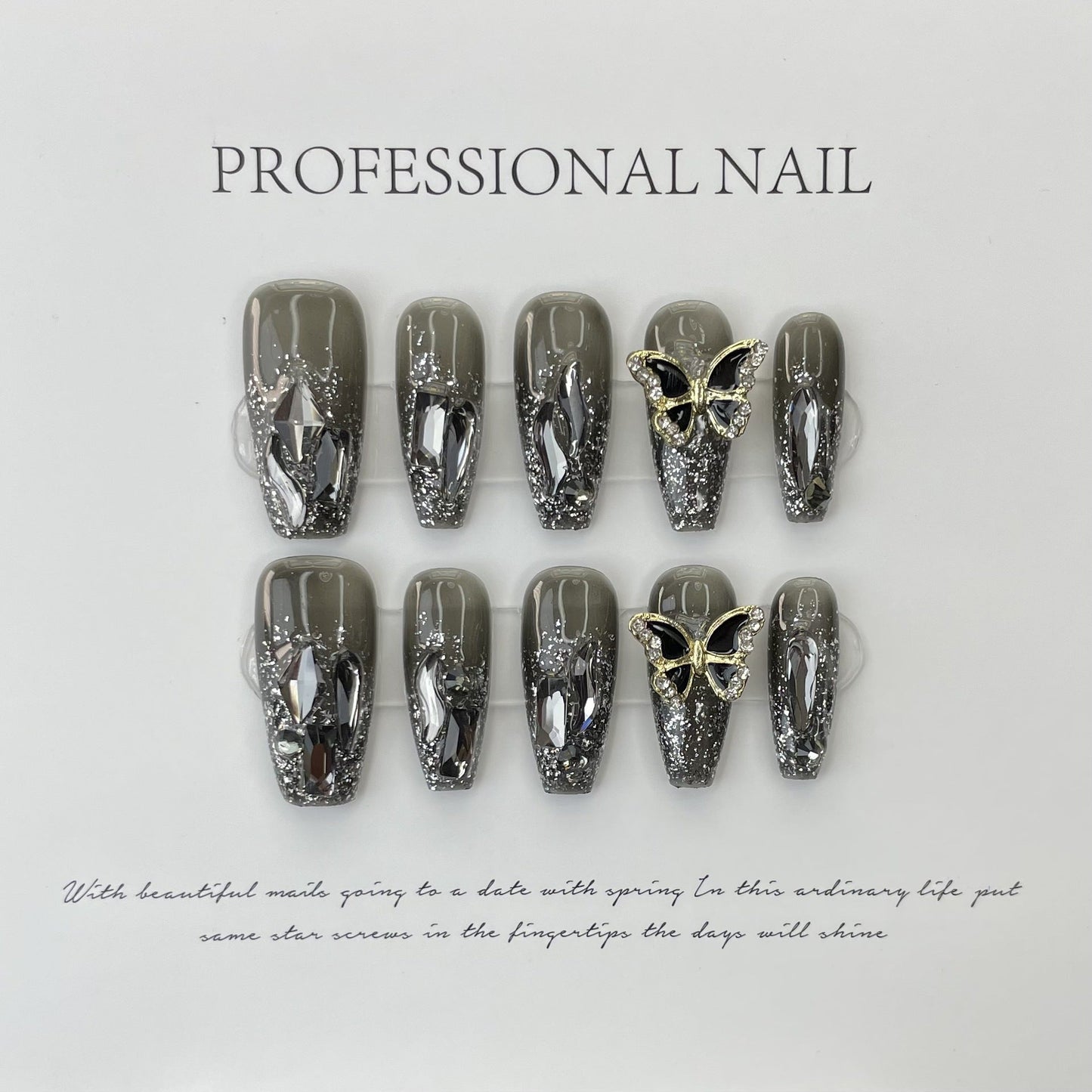 607/608 Butterfly Rhinestone press on nails 100% handmade false nails sliver gray