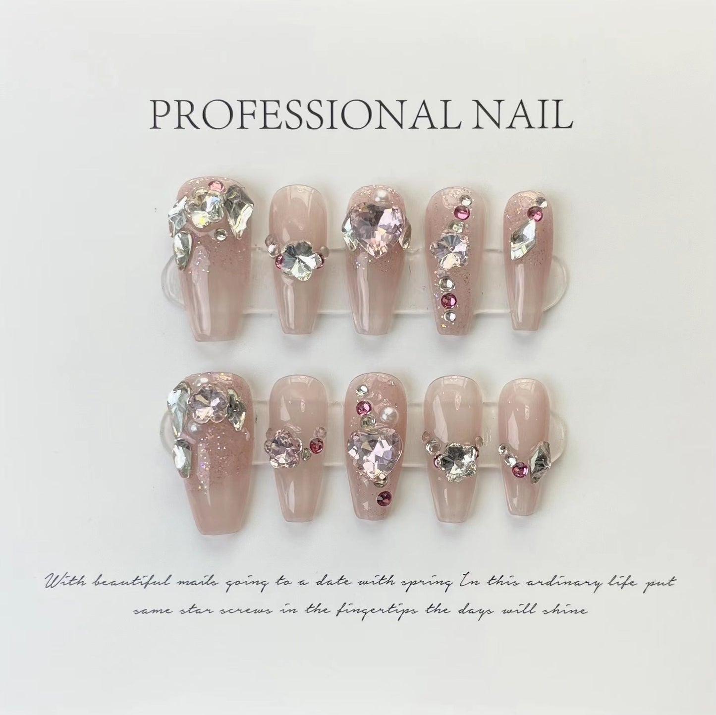 559 Rhinestone style press on nails 100% handmade false nails nude color