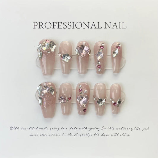 559 Rhinestone style press on nails 100% handmade false nails nude color