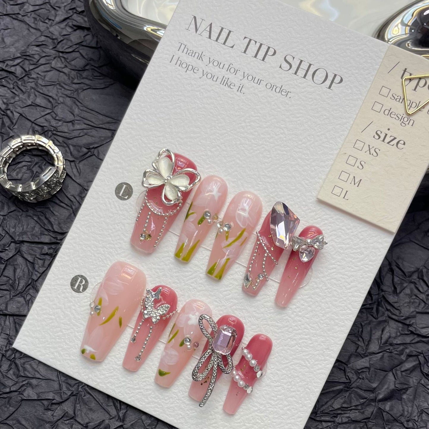 1255 Butterfly style press on nails 100% handmade false nails pink
