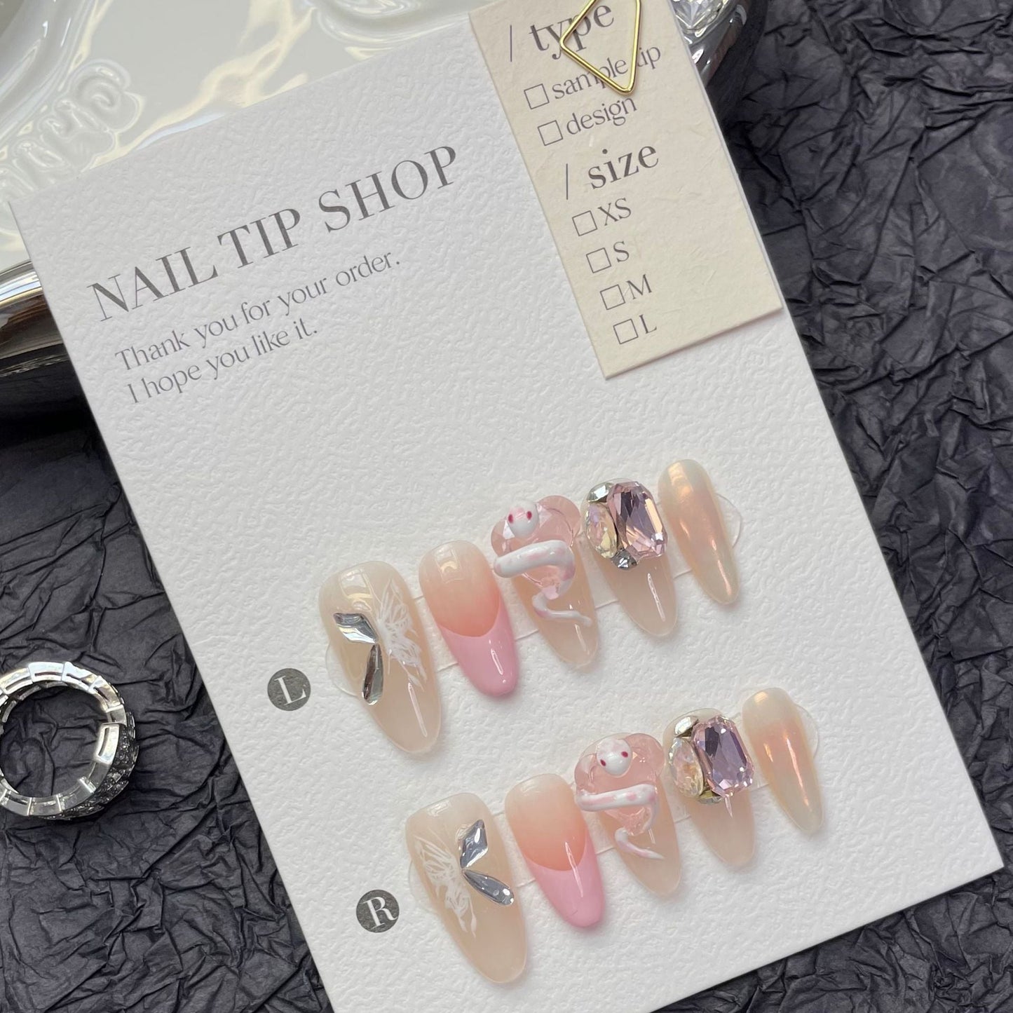 1256 Butterfly Snake style press on nails 100% handmade false nails nude color pink