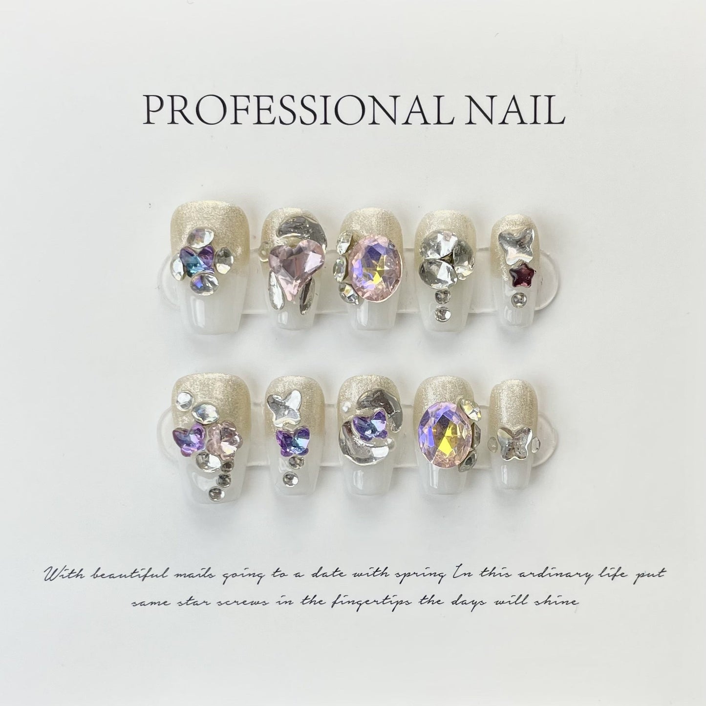 556 Rhinestone style press on nails 100% handmade false nails white