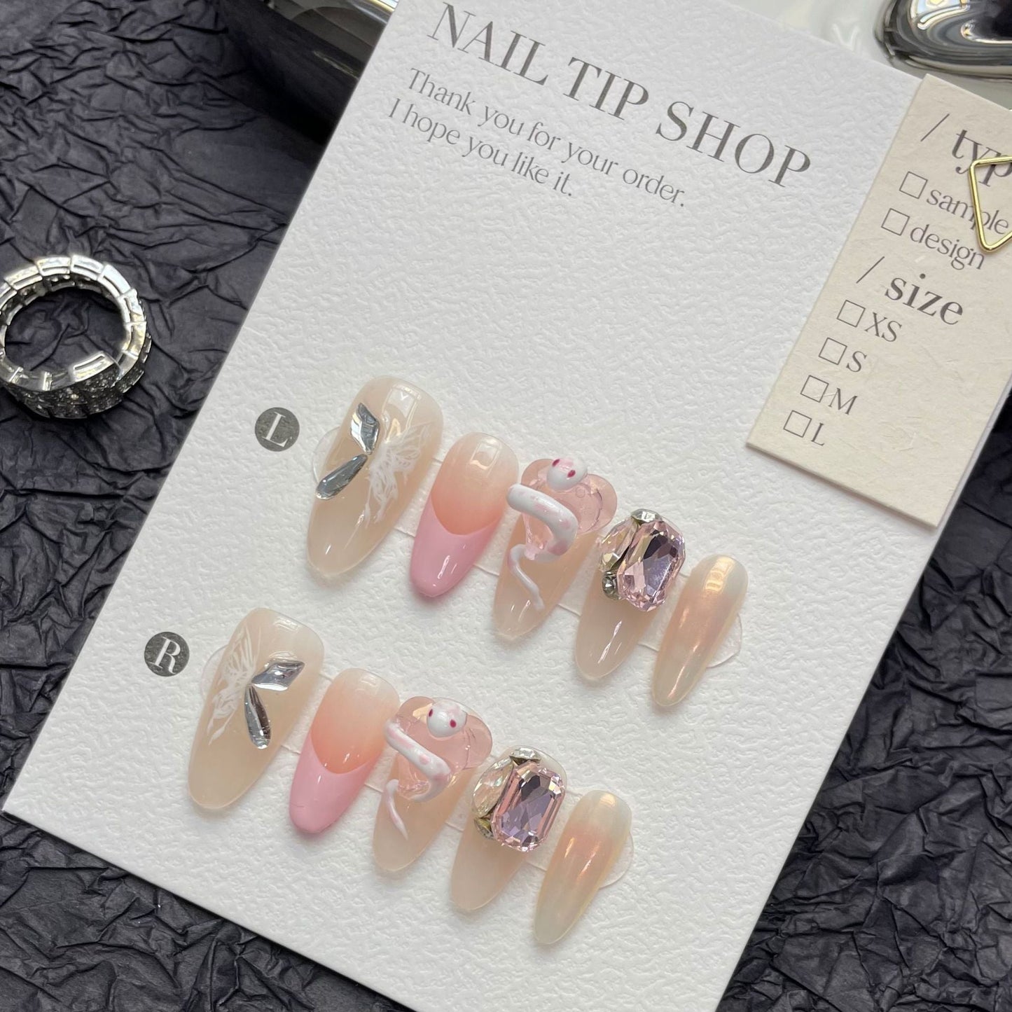 1256 Butterfly Snake style press on nails 100% handmade false nails nude color pink