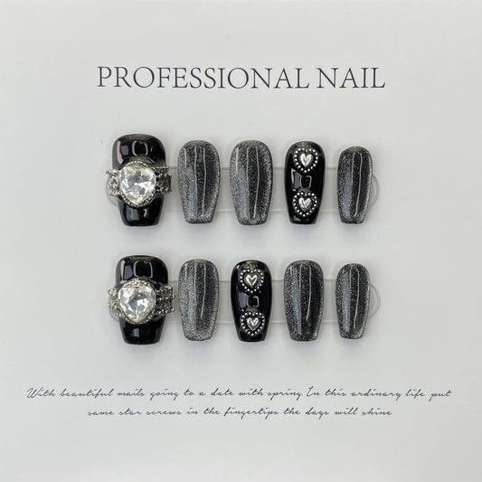 603/604 Black Cateye Effect  press on nails 100% handmade false nails black sliver