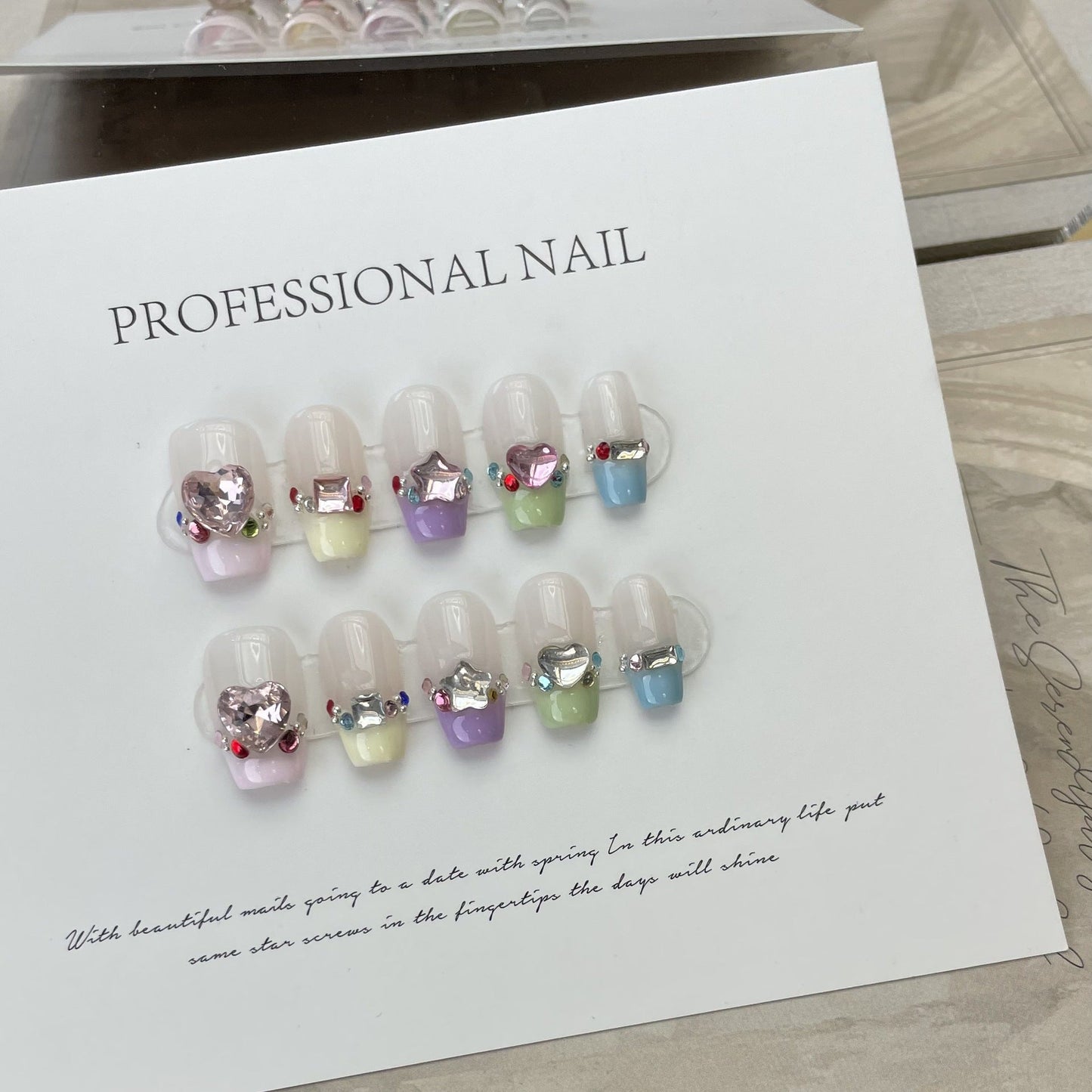 554 French Rhinestone style press on nails 100% handmade false nails nude color mixed color