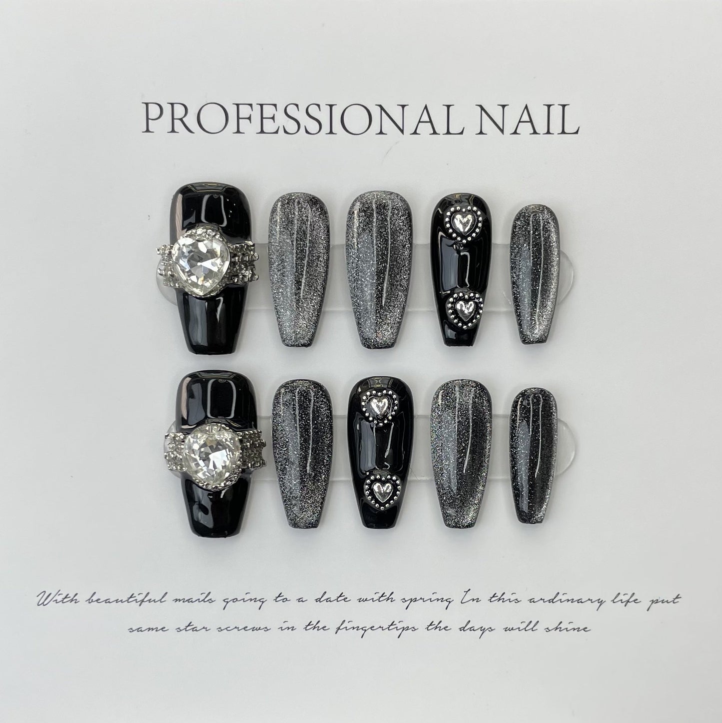 603/604 Black Cateye Effect  press on nails 100% handmade false nails black sliver