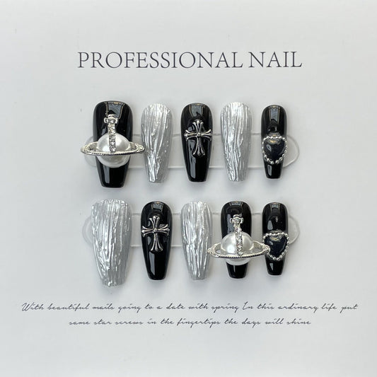 523 black style press on nails 100% handmade false nails black sliver